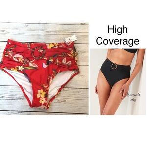 Old Navy Womens Red Floral High Waisted Belted O-Ring Bikini Bottom Size Medium